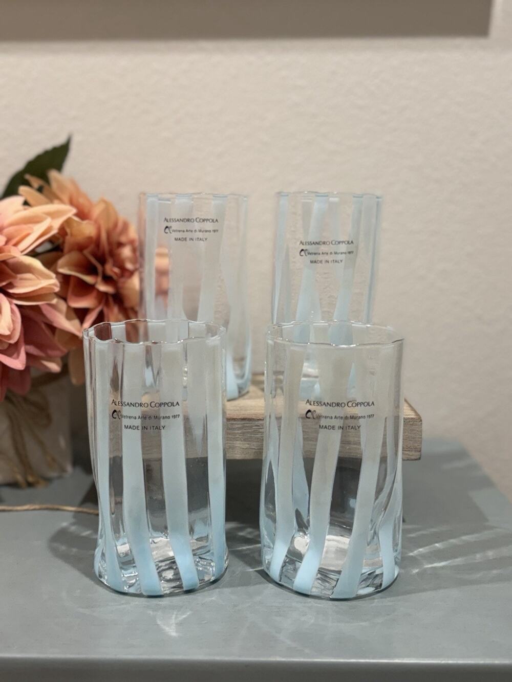 Set of 4 Murano Alessandro Coppola Light Blue Striped 5.75” Indented Glasses